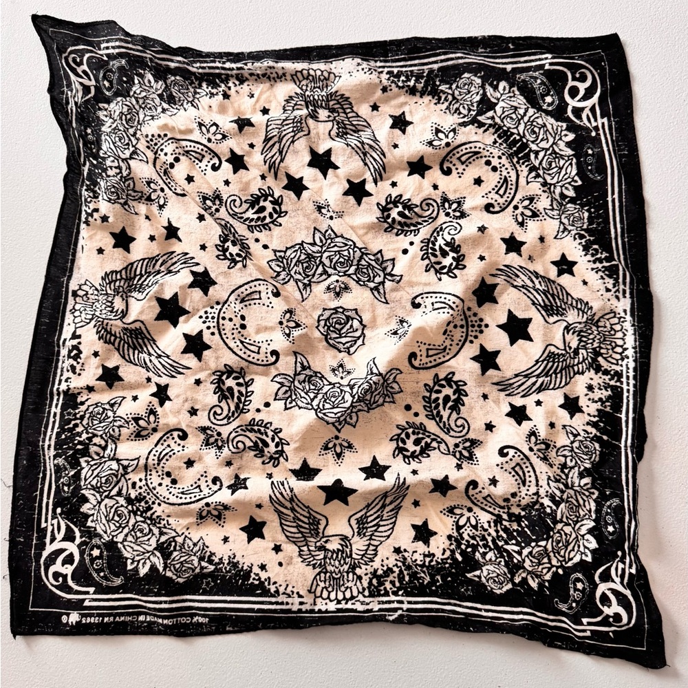 Black & Cream Bandana Scarf with Eagle and Rose Print